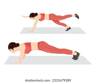 Woman doing hip jump pushup exercise. flat vector illustration isolated on white background