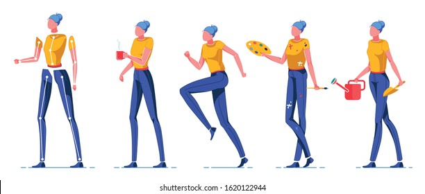 Woman Doing Hobbies Constructor Flat Cartoon Vector Illustration. Girl Drinking Coffee, Running or Doing Sport, Painting in Dirty Clothes and Holding Brush with Palette. Caring about Plants.
