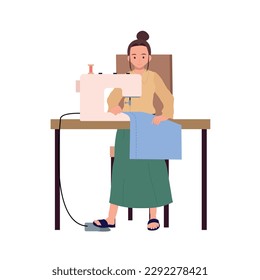 woman doing hobby sewing. woman is using sewing machine. Flat vector cartoon illustration