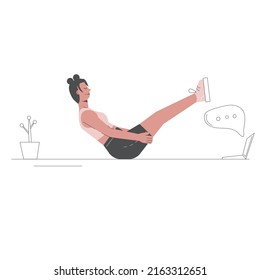 Mujer haciendo ejercicio v., gimnasia de entrenamiento para mujeres, aeróbic y ejercicios. Preparación para el equilibrio. Fitness y conceptos de salud. Ilustración plana vectorial. Concepto de formación en línea.