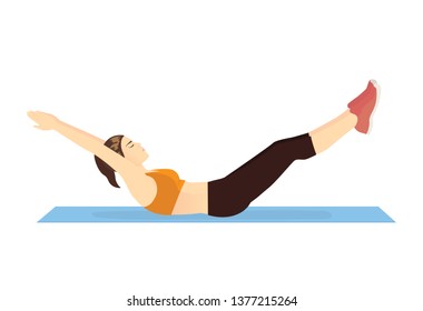 Woman doing Hollow Body Hold on blue mat. Illustration about Abdominal muscle workout posture.