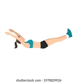 Woman doing hollow body rock hold exercise flat vector illustration isolated on white background 