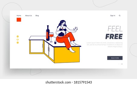 Woman Doing Home Beauty Procedure Landing Page Template. Female Character Sitting on Table with Wine Bottle Painting Nails with Polish, Making Manicure. Relaxed Spare Time, Linear Vector Illustration