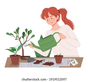 A woman doing home gardening. Watering the flowerpot.