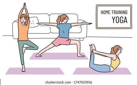 A woman is doing home training yoga. hand drawn style vector design illustrations. 