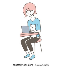Woman doing home work with pet cat at home