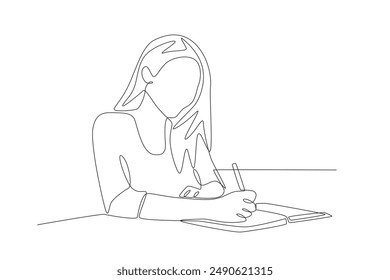 Mujer haciendo los deberes. Dibujo de una línea del concepto de tarea