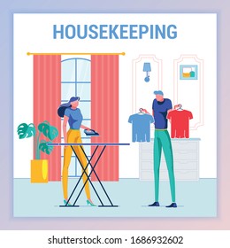 Woman Doing Household Chore, Ironing Clothing for Husband. Man Shrugging Shoulder, Hesitating what Tshirt to Choose. Couple Having Talk at Home in Room Flat Cartoon Banner Vector Illustration.