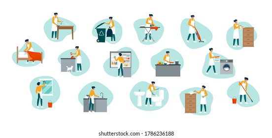 Woman Doing Household Chores At Home: She Is Cleaning Up The House, Washing Clothes And Tidying Up, Lifestyle Concept, Icons Set