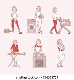 A woman doing housework hand drawn illustrations. vector doodle design 