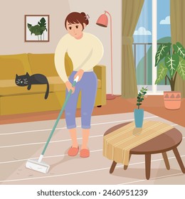 A woman doing housework in the living room.