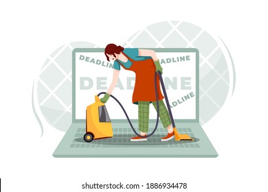 A woman doing housework on a big laptop Vector Illustration concept. Flat illustration isolated on white background.