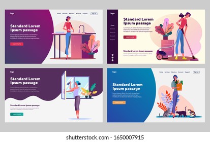 Woman doing housework set. Vacuum cleaner, washing window, dish, pets. Flat vector illustrations. Housekeeping, service, domestic work concept for banner, website design or landing web page