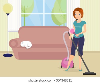 Woman is doing housework with vacuum cleaner.