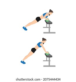 Woman Doing Incline Medicine Ball Push Up Exercise. Flat Vector Illustration Isolated On White Background. Workout Character Set