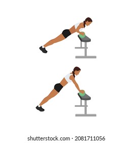 Woman Doing Incline Medicine Ball Push Up Exercise. Flat Vector Illustration Isolated On White Background. Workout Character Set