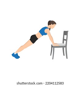 Woman doing Incline plank on chair exercise. Flat vector illustration isolated on white background