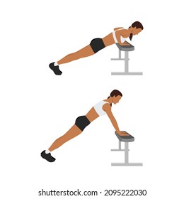 Woman doing Incline push ups exercise. Flat vector illustration isolated on white background