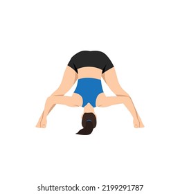 Woman doing intense Leg Stretch Pose D, Wide Legged Forward Fold Pose D, Standing Straddle Forward Bend D, Wide Angle Forward Fold D.Prasarita Padottanasana. Flat vector illustration