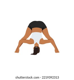 Woman doing intense Leg Stretch Pose D, Wide Legged Forward Fold Pose D, Standing Straddle Forward Bend D, Wide Angle Forward Fold D.Prasarita Padottanasana. Flat vector illustration