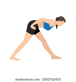 Woman doing Intense Side Stretch Pose Hands on Hips or Parsvottanasana Hands on Hips. Flat vector illustration isolated on white background