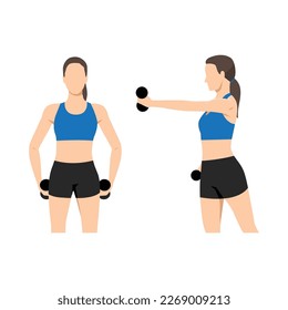 Una mujer haciendo ejercicio cruzado de jab con dumbbell. Ilustración vectorial plana aislada en fondo blanco