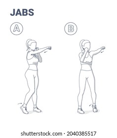 Woman Doing Jabs Exercise Fitness Home Workout Guidance Illustration. Girl Cardio Boxing Workout Move Jab Punch.