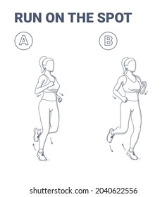 Woman Doing Jogging Exercise Fitness Home Workout Guidance Illustration. Run on the Spot Athlete Girl Exercise.