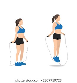 Woman doing Jump rope.Skipping cardio exercise. Flat vector illustration isolated on white background