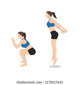 Woman doing jump squat exercise. Flat vector illustration isolated on white background