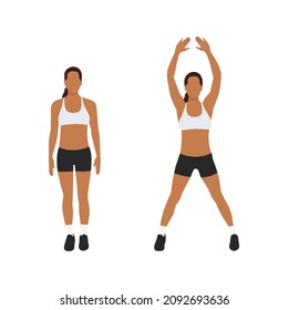 Woman Doing Jumping Jacks Exercise. Flat Vector Illustration Isolated On White Background