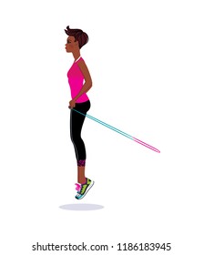 Woman doing jumping rope workout. Vector illustration.