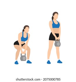 Mujer haciendo ejercicio de levantamiento mortal de Kettlebell. Ilustración vectorial plana aislada en fondo blanco. conjunto de caracteres de entrenamiento