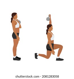 Woman doing Kettlebell lunge press exercise. Flat vector illustration isolated on white background. workout character set