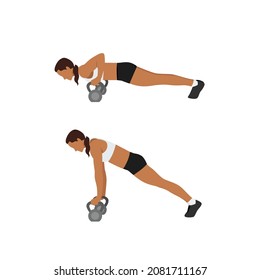 Woman doing Kettlebell push up exercise. Flat vector illustration isolated on white background. workout character set