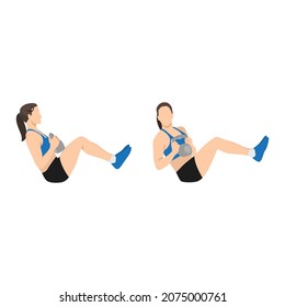 Woman doing Kettlebell Russian twist exercise. Flat vector illustration isolated on white background. workout character set