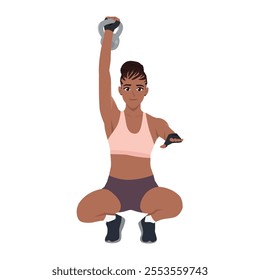 Woman doing doing Kettlebell snatch exercise. Flat vector Character Illustration