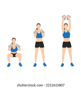 Frauen, die Kettlebell-Thruster oder Squat zu reinigen, um die Presse-Übung. Flache Vektorgrafik einzeln auf weißem Hintergrund