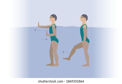 Woman doing kickboxing exercises in a swimming pool - illustration