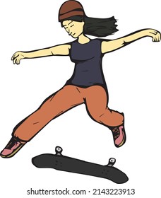 Mujer haciendo un Kickflip en pantalones marrones y una camiseta morada