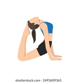 Woman doing King Cobra Pose or Raja Bhujangasana yoga exercise. Flat vector illustration isolated on white background