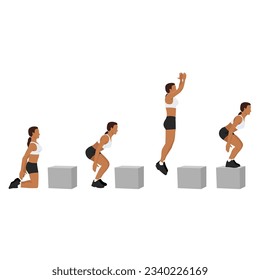 Woman doing knee to box jump squat or power jump exercise. Flat vector illustration isolated on white background