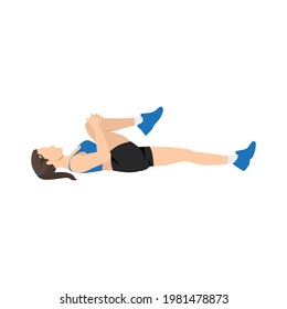 Woman Doing Knee To Chest Lower Back Stretch Exercise. Flat Vector Illustration Isolated On White Background