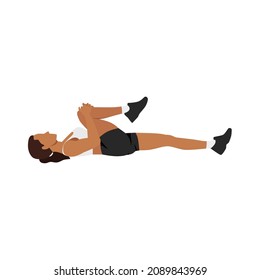 Woman Doing Knee To Chest Lower Back Stretch Exercise. Flat Vector Illustration Isolated On White Background