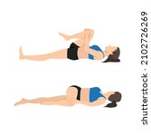 Woman doing Knee to Chest to Spinal Twist stretch exercise. Flat vector illustration isolated on white background