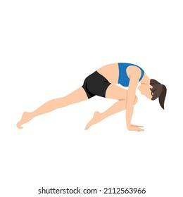 Woman doing knee to nose dog pose Kanu naasikaa ado much svanasana exercise. Flat vector illustration isolated on white background