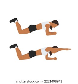 Woman doing Knee plank or reach with swimmer pose exercise. Flat vector illustration isolated on white background