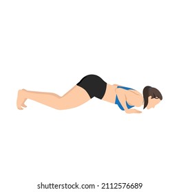 Woman doing knees chest chin pose ashtanga namaskars exercise. Flat vector illustration isolated on white background