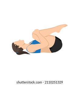 Woman doing knees to chest pose apanasana exercise. Flat vector illustration isolated on white background