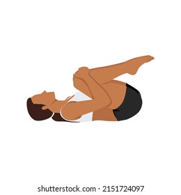 Woman doing knees to chest pose apanasana exercise. Flat vector illustration isolated on white background